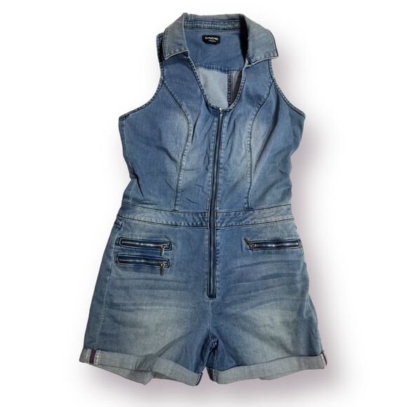 Bebe‎ y2k Denim Jean Romper size 30 Pocketed Zippered Romper Stylish Vintage - Picture 1 of 6